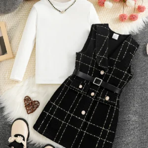 Spring and autumn Fashion Kids 2-piece ceremonial dress for cute girls Solid color crew neck shirt + plaid lapel skirt suit