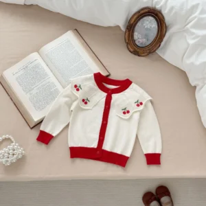 2026 3M-3T Baby Girl Clothes Cherry Embroidered Ruffled Collar Girls Cardigan Red and White Contrast Color Coat for Newborns