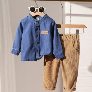 Spring And Autumn Baby Boy Denim Long-Sleeved Shirt + Long Pants Set Casual Comfortable Simple And Soft Set