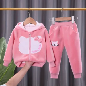 Children's Fleece Long Sleeved Set Winter new plush and warm sports set Baby Cute Cat Bow Printed Hoodie Casual two-piece set