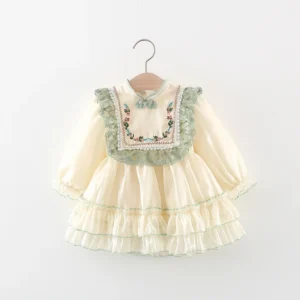 Girls' Autumn Long sleeved Lace Lace Princess Dress with Embroidered Pan Button Chinese Style Baby Dress