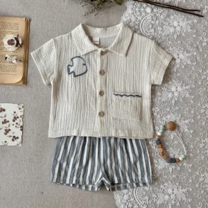 9M-3Y Baby Boys Clothes Set Embroidery Linen T shirt And Striped Shorts 2Pcs Boys Track Suit