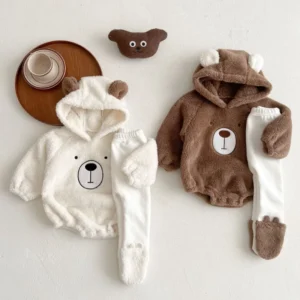 Newborn Baby Clothes Autumn Winter Hooded Cute Bear Jumpsuit Long-Sleeved Warm Plush Infant Romper Clothes+Pant Set Kids Costume