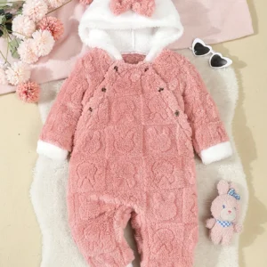 Autumn And Winter Jacquard Rabbit Plush Hooded Dress For Baby Girls, Winter Warm One-Piece Dress