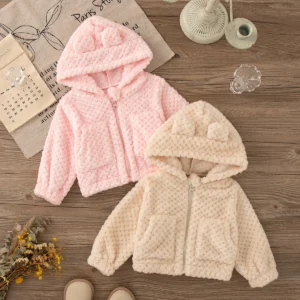 Girl Autumn Winter Keep Warm Clothes Lovely Zipper Hooded Long Sleeved Jacket Baby Girl Pink Plush Coat