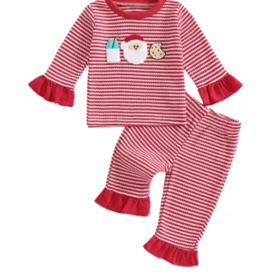 Christmas Toddler Girl Outfit Set with Santa Embroidery Long Sleeve Pullover and Elastic Waist Ruffled Pants - Festive Holiday
