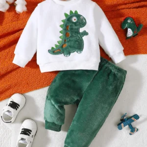 Baby Boy Autumn And Winter Cartoon Dinosaur Embroidery Hoodie Plush Two-piece Set