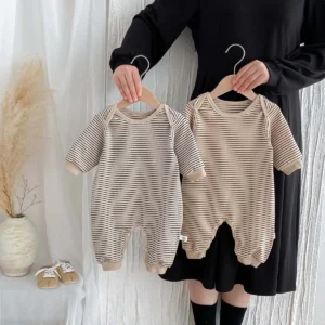 Korean Style Baby Autumn and Winter Long Sleeve Striped Boneless Envelope Collar Jumpsuit for Boys and Girls Baby Comfortable Ho